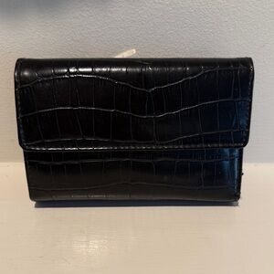 VTG Croc-Embossed Wallet Faux Alligator Leather tri-fold coin purse card BLACK